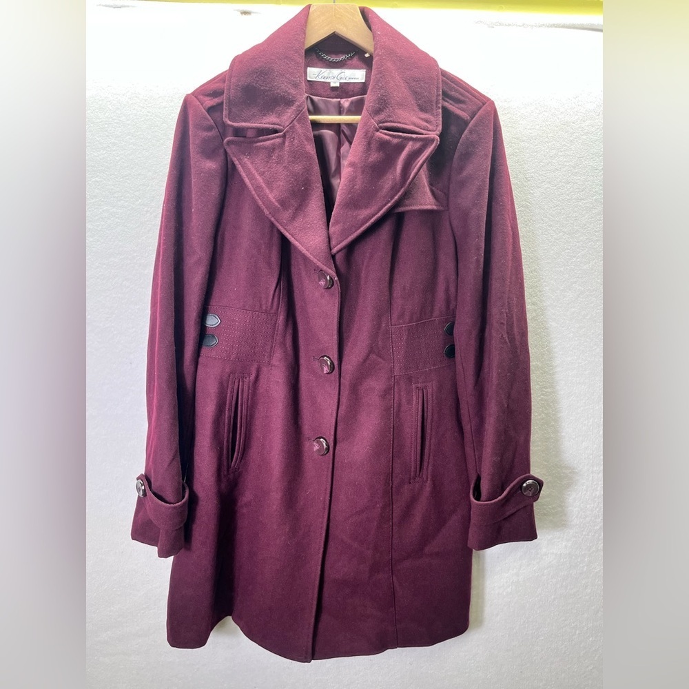 Kenneth Cole Wool Blend Pea‎ Coat Womens 14 Burgundy Warm Winter Jacket